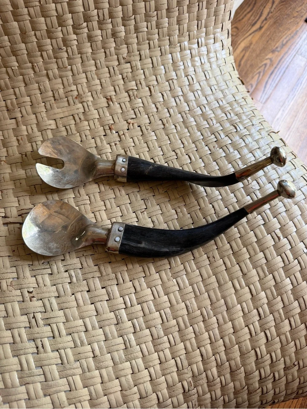 Unique Horn Handle Salad Serving Set - Black & Silver VTG
